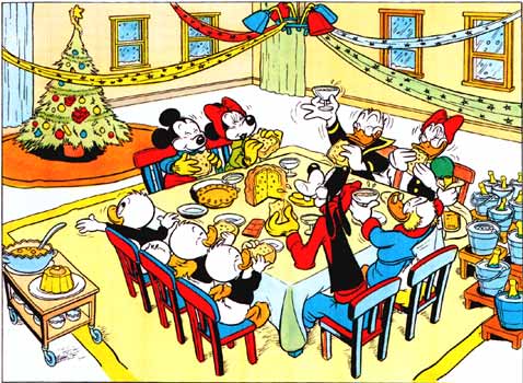 [Vignetta finale della storia, con tutti i personaggi che cenano al tavolo]